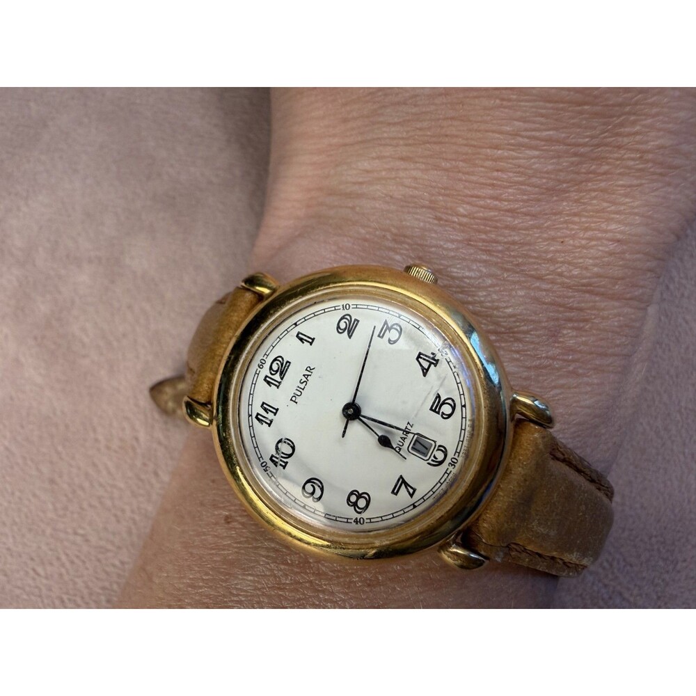 brown strap Pulsar Watch Women 29mm Cream Dial Gold Tone D, gold and white watch